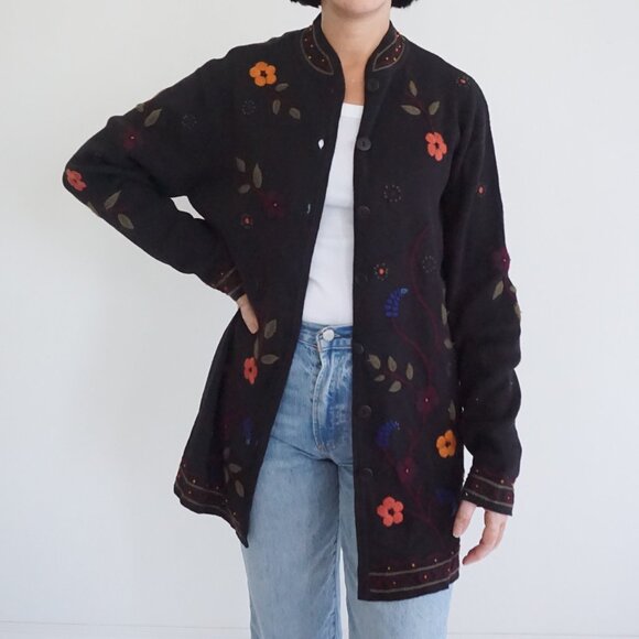 Coldwater Creek Black Cotton Embroidered Floral Jacket Cabincore Boho XL - Picture 1 of 11